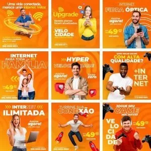 10 Templates Corel Draw Provedor De Internet 100% Editáveis 14 Grade de nove anúncios laranja sobre internet, com pessoas usando celular, notebook e controles.