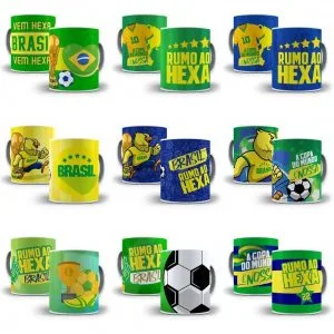 Grade com nove pares de canecas verdes, amarelas e azuis com temas de futebol