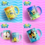 Quatro canecas ilustradas com personagem amarelo e fundos azul e rosa