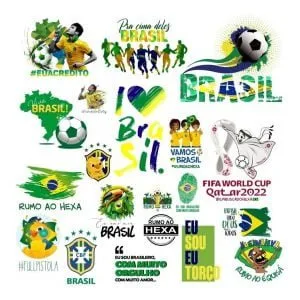 Colagem digital com ilustrações de futebol, bandeira e torcedores.