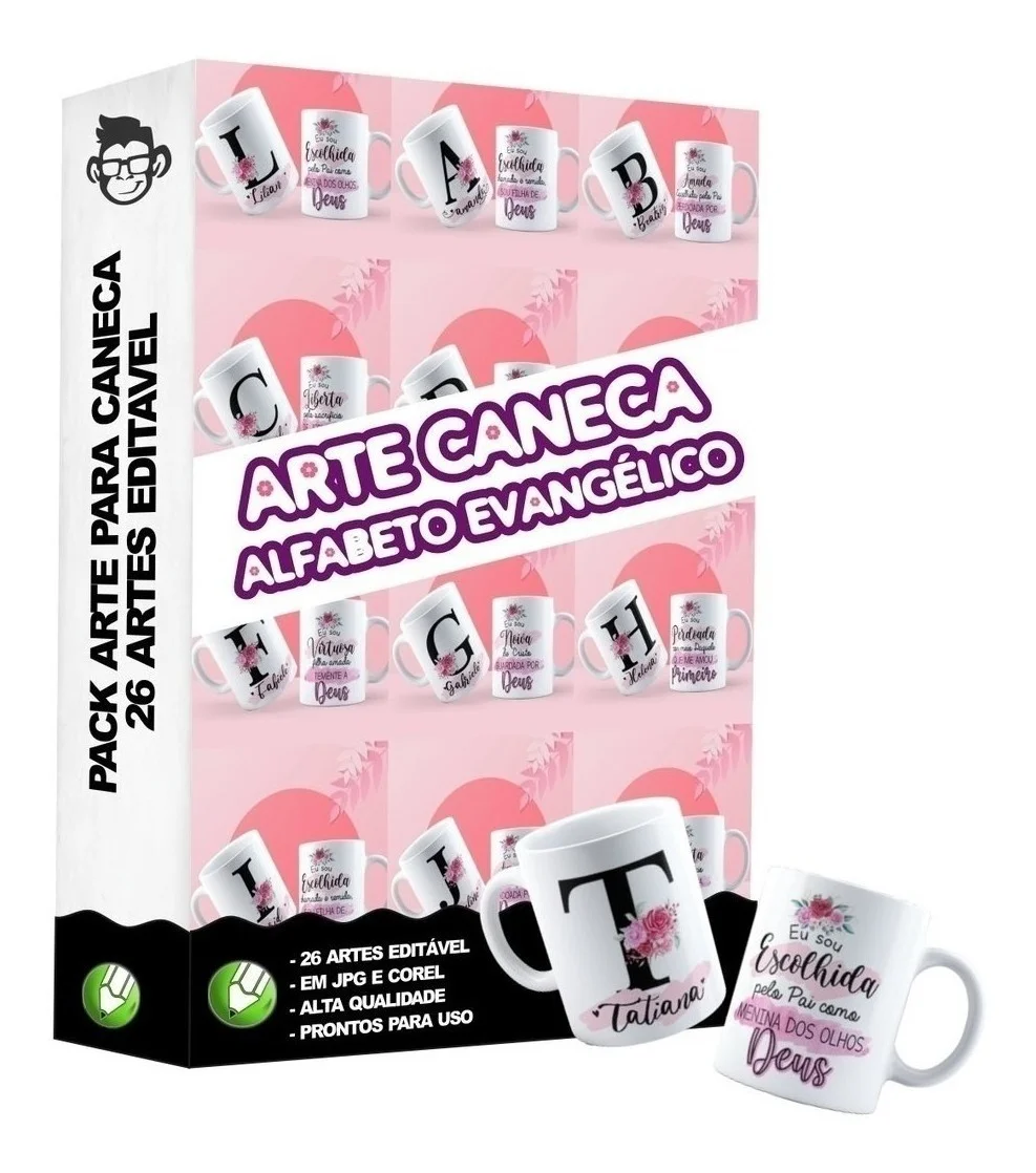 26 Artes Para Caneca Alfabeto Evangélico Editável Em Corel