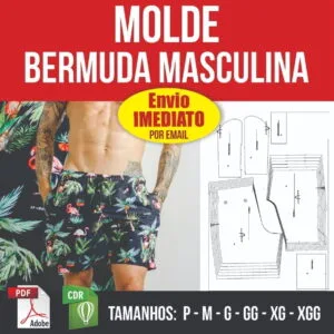 Molde Bermuda Masculina - P Ao Xgg Em Pdf E Corel - Digital 10 Anúncio de molde de bermuda masculina com shorts floral e diagrama técnico
