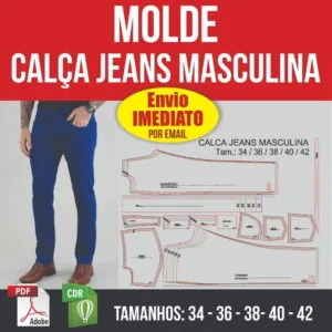 Capa de molde digital de calça jeans masculina com diagramas e tamanhos