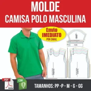 Molde de camisa polo masculina com diagramas e tamanhos