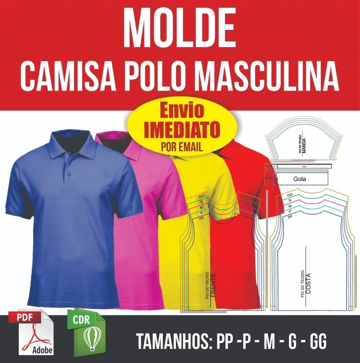 Molde de camisa polo masculina com ilustrações coloridas e partes técnicas