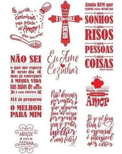 Pacote Vetores Frases Cozinha Cafe Adesivos Lase Router Cnc 2 Texto vermelho com cruz, colher, chapéu de chef e corações