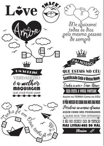 Pacote Vetores Frases Cozinha Cafe Adesivos Lase Router Cnc 3 Ilustrações em preto e branco com corações, lábios, coroa, balão, barco de papel e frases.