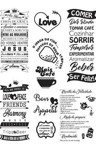 Pacote Vetores Frases Cozinha Cafe Adesivos Lase Router Cnc 5 Colagem tipográfica em preto e branco com frases, corações, xícaras e banners.