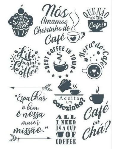 Pacote Vetores Frases Cozinha Cafe Adesivos Lase Router Cnc 6 Arte digital com frases e desenhos de café em fundo branco
