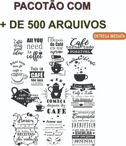Pacote Vetores Frases Cozinha Cafe Adesivos Lase Router Cnc 1 Cartaz com título pacotão com mais de 500 arquivos e vários letreiros sobre café
