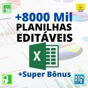 Cartaz digital com texto sobre planilhas editáveis e ícone verde de planilha