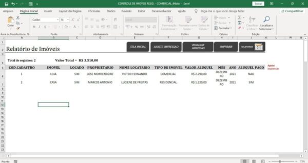 Sistema Controle Imóveis Aluguel Residencial Comercial Excel