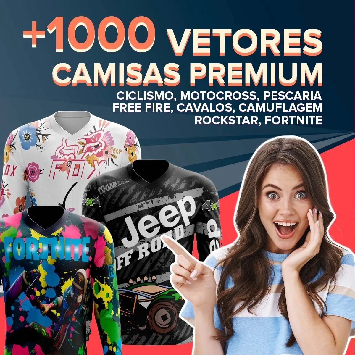 Anúncio digital com três camisas estampadas e mulher surpresa apontando