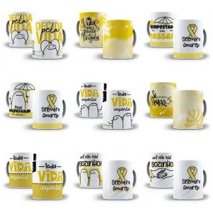 Canecas brancas e amarelas com frases, fitas e desenhos ilustrados.