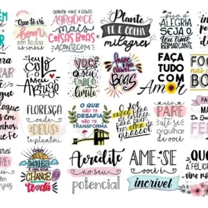 Coleção de artes digitais com frases motivacionais e elementos decorativos variados.