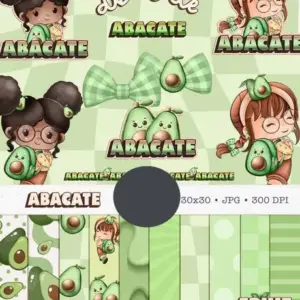 Kit Digital Boneca Cute com Frutas e Abacate PNG