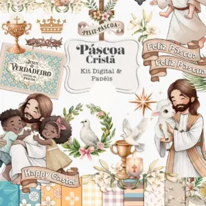 Kit Digital Páscoa Cristã em Aquarela PNG Arte Sacra