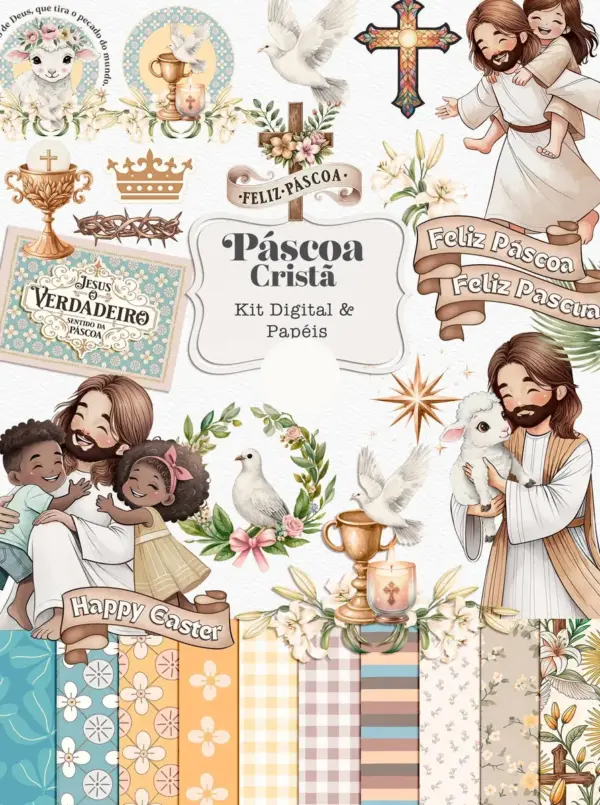 Kit Digital Páscoa Cristã em Aquarela PNG Arte Sacra