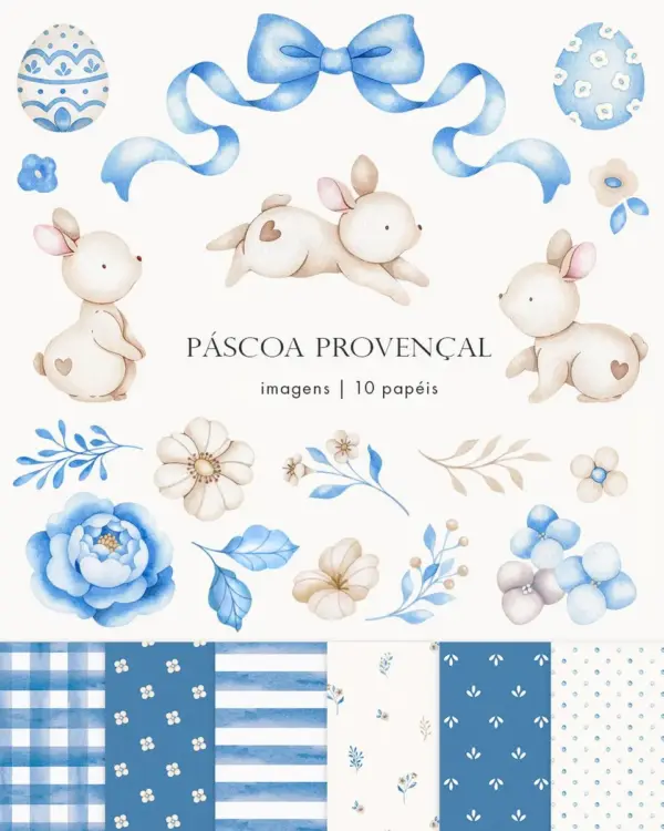 Kit Digital Páscoa Provençal Aquarela PNG Deluxe