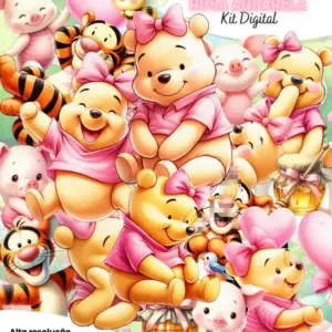 Kit Digital Ursinho Pooh Rosa em Aquarela PNG