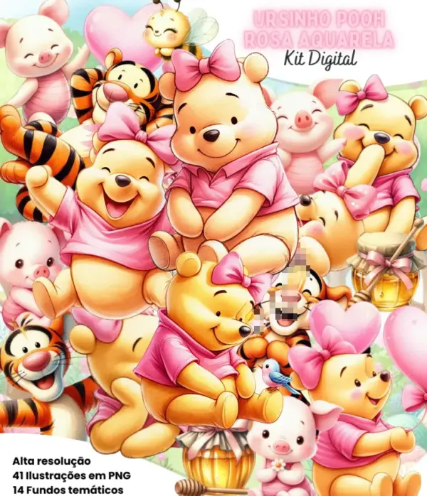 Kit Digital Ursinho Pooh Rosa em Aquarela PNG