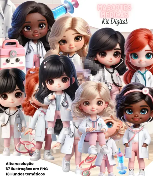Kit Digital Mascotes Médicas em PNG para Scrapbooking