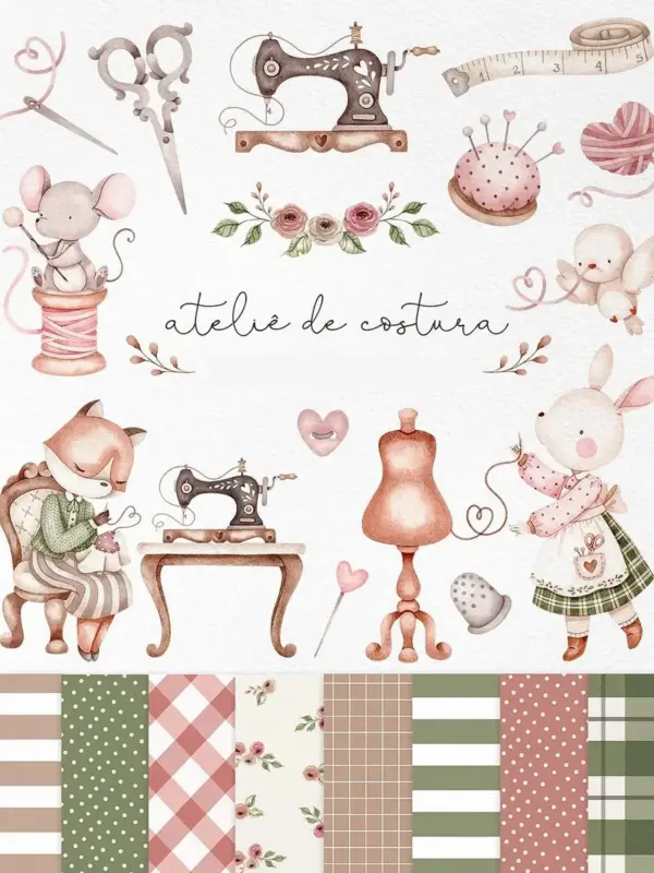Kit Digital Ateliê de Costura PNG para Sublimação e Scrapbooking