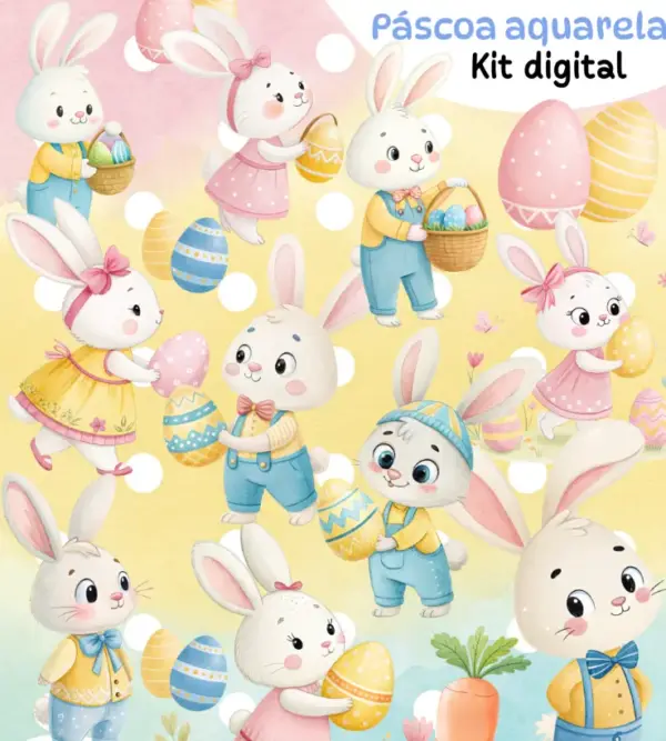 Kit PNG Coelhinhos Páscoa Aquarela para Scrapbook e Convites