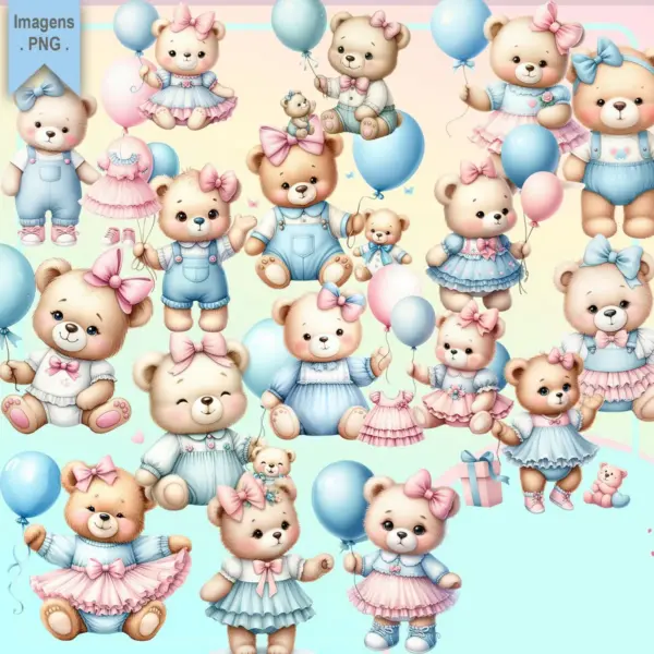 Kit Digital Ursinhas Azul e Rosa PNG para Personalizados