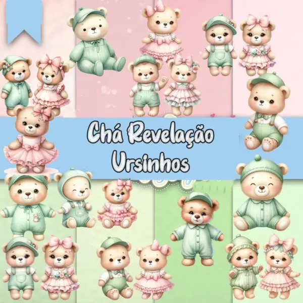 Kit Digital Chá Revelação Ursinhos Verde e Rosa PNG