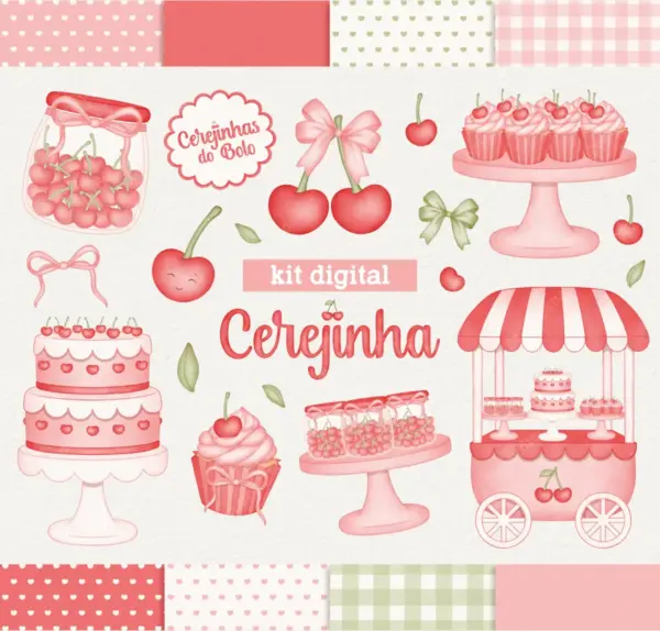 Kit Digital Cerejinhas Aquarela PNG Scrapbooking e Cartonagem