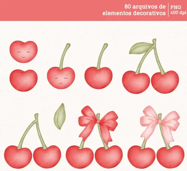 Kit Digital Cerejinhas Aquarela PNG Scrapbooking e Cartonagem - Imagem 2