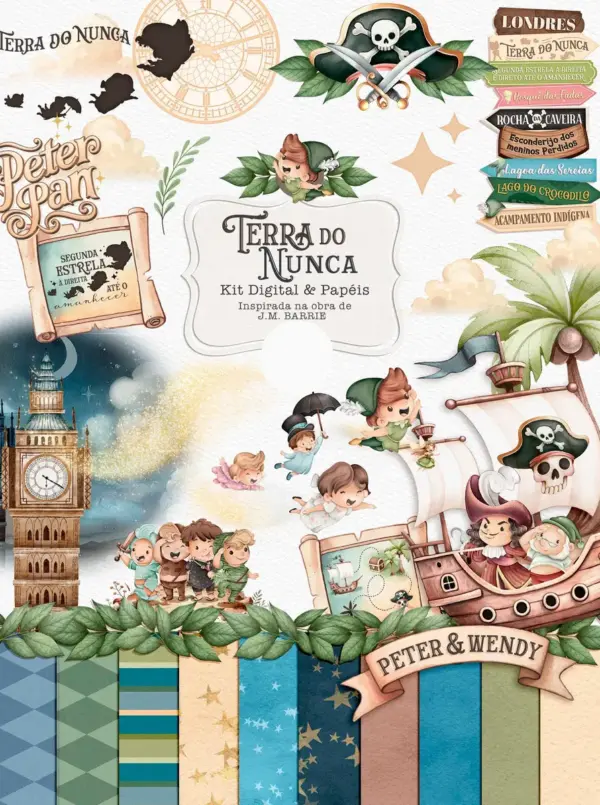 Kit Digital Terra do Nunca PNG para Scrapbook e Sublimação