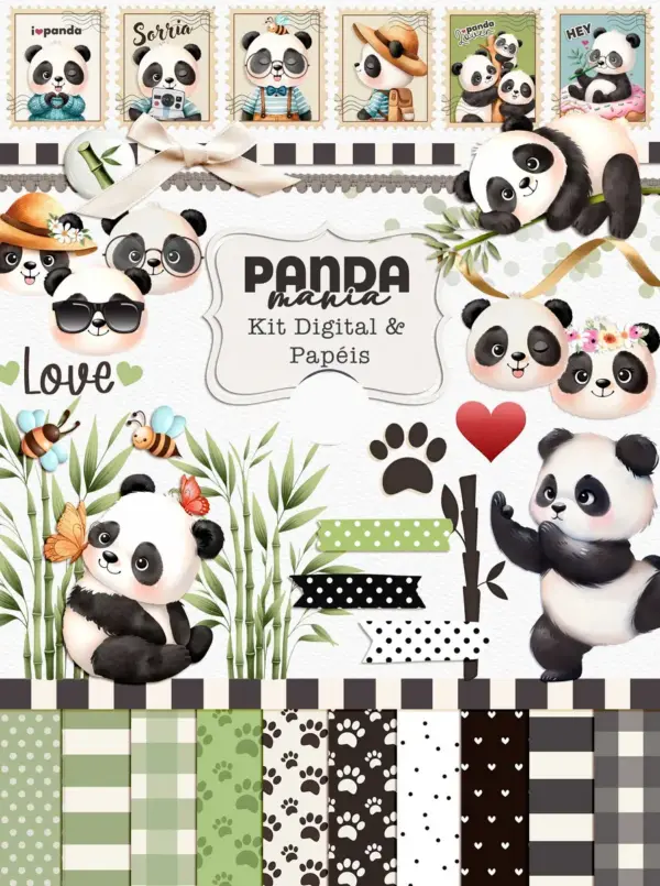 Kit Digital Panda Mania PNG Alta Resolução para Scrapbooking
