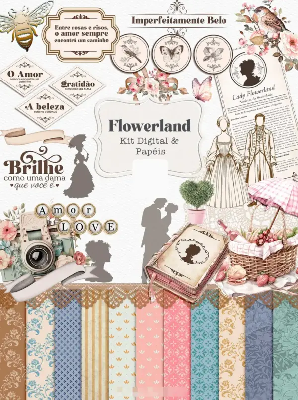 Kit Digital Flowerland PNG com Designs Florais para Personalização