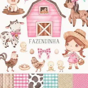 Kit Digital Fazendinha Rosa em PNG Scrapbook e Paperaria