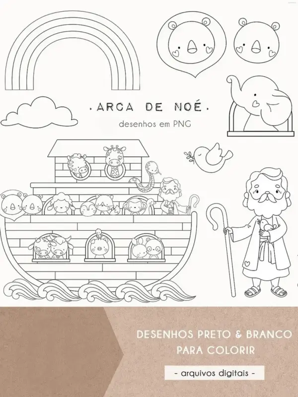 Kit Digital Arca de Noé para Colorir em PNG para Impressão