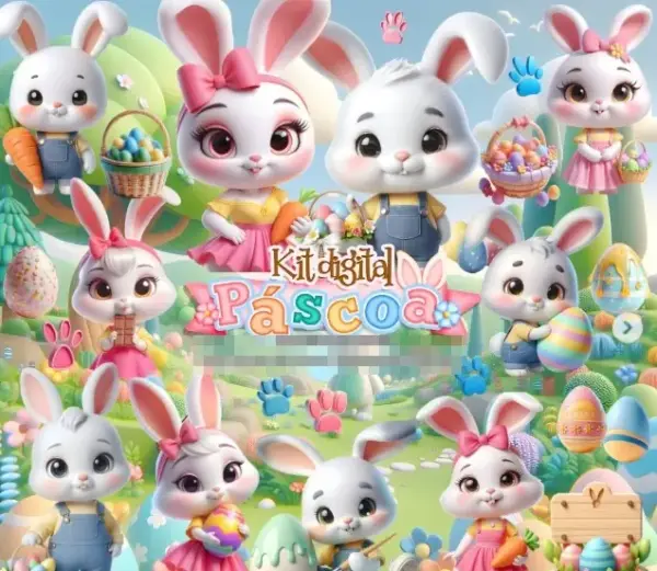 Kit Digital Coelhinhos 3D Pascoa PNG para Personalizados