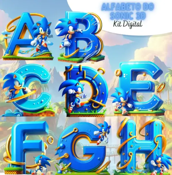 Kit Digital Alfabeto Sonic 3D PNG para Personalização