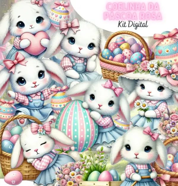 Kit Digital Coelhinha da Páscoa Rosa 3D PNG