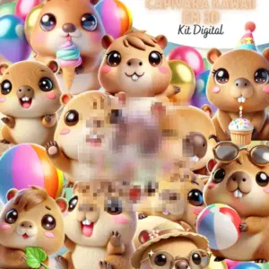 Kit Digital Capivara Kawaii 3D PNG para Personalizados