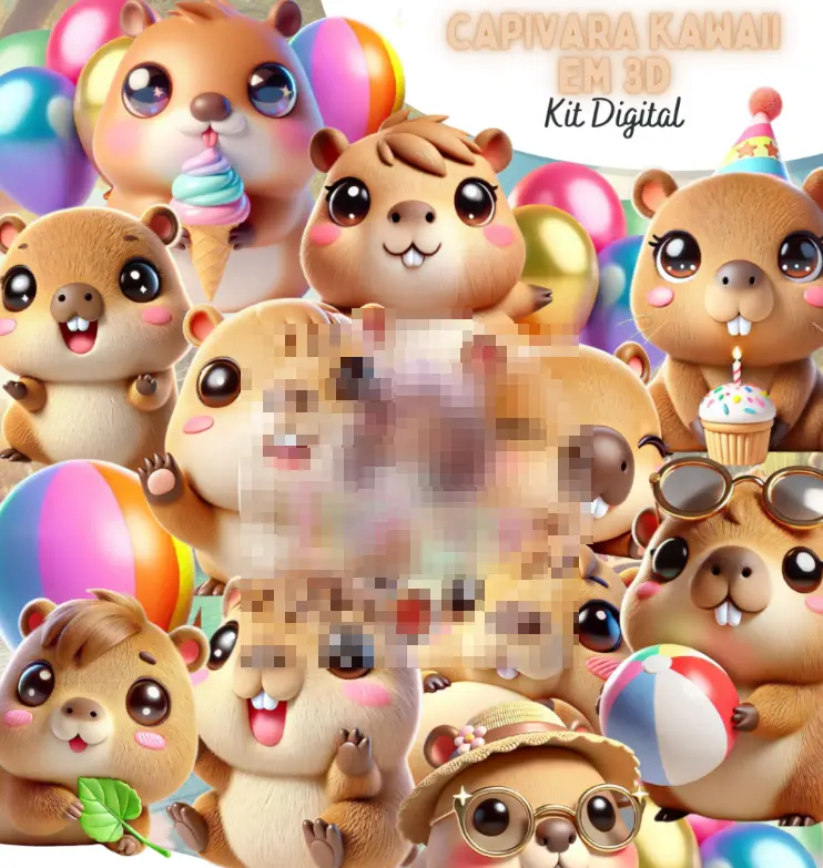 Kit Digital Capivara Kawaii 3D PNG para Personalizados 1 Kit Digital Capivara Kawaii 3D PNG para Personalizados