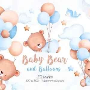 Kit Digital Ursinho Baloeiro Azul: PNG Transparente