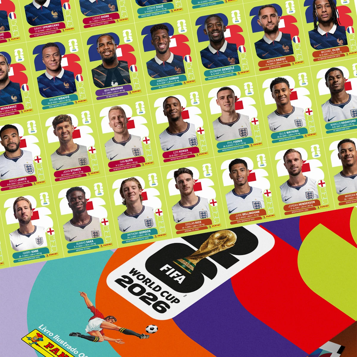 Figurinhas Copa 2026 United Edition - Edição Suiça em PDF 1 Arte digital de cromos de jogadores de futebol e capa de álbum da Copa do Mundo 2026.