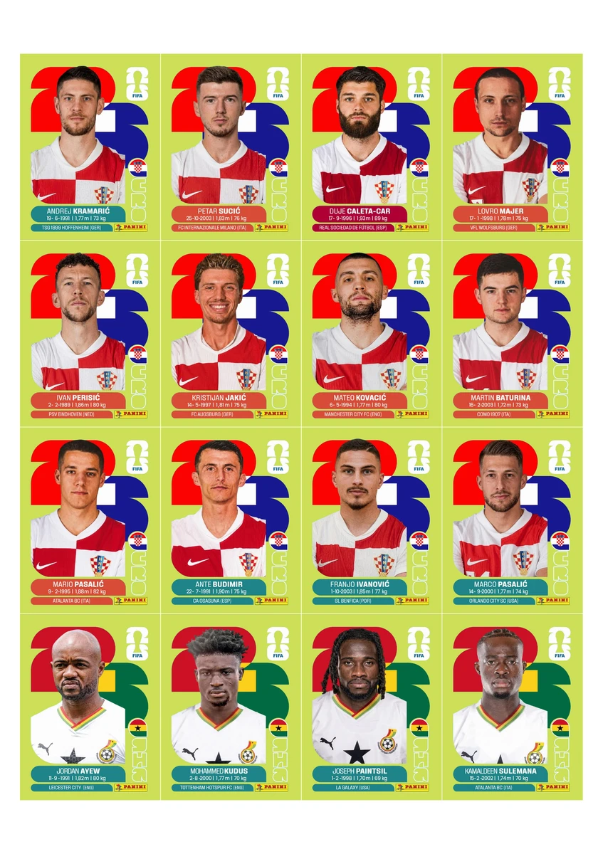 Figurinhas Copa 2026 United Edition - Edição Suiça em PDF 2 Cartas digitais de jogadores de futebol em grade, com uniformes da Croácia e Gana.