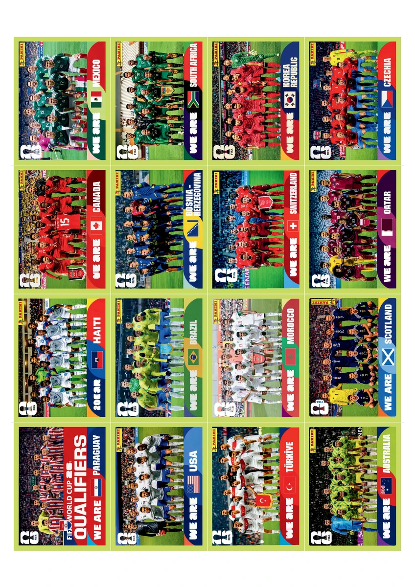 Figurinhas Copa 2026 United Edition - Edição Suiça em PDF 3 Arte digital de figurinhas de futebol com seleções e bandeiras nacionais.