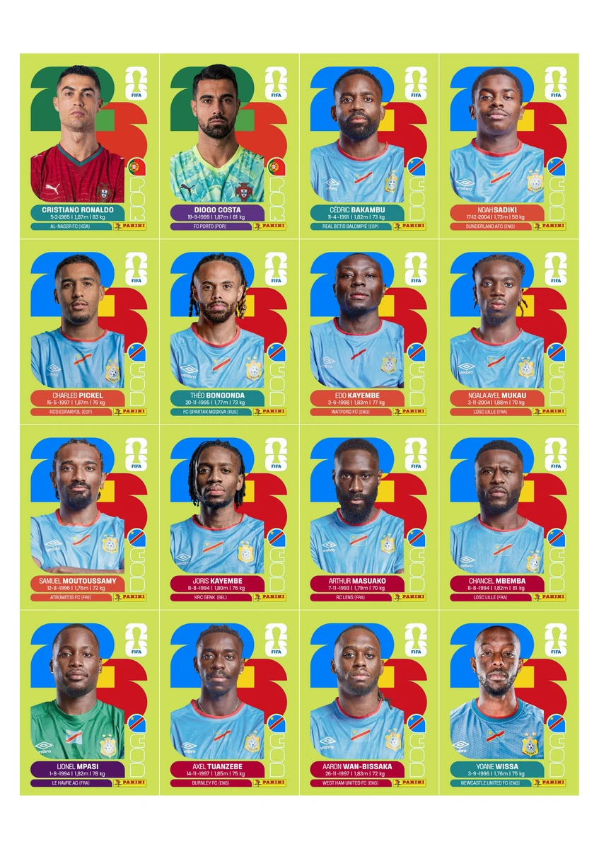 Figurinhas Copa 2026 United Edition - Edição Suiça em PDF 4 Arte digital de dezesseis cartões de jogadores de futebol com fundo verde e logos.