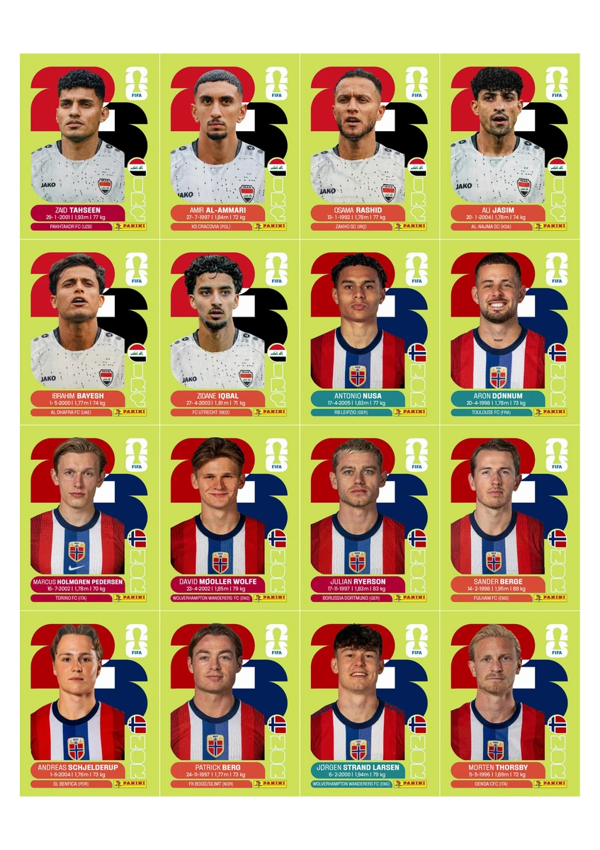Figurinhas Copa 2026 United Edition - Edição Suiça em PDF 5 Coleção de cartas digitais de futebol com jogadores e bandeiras do Iraque e Noruega.