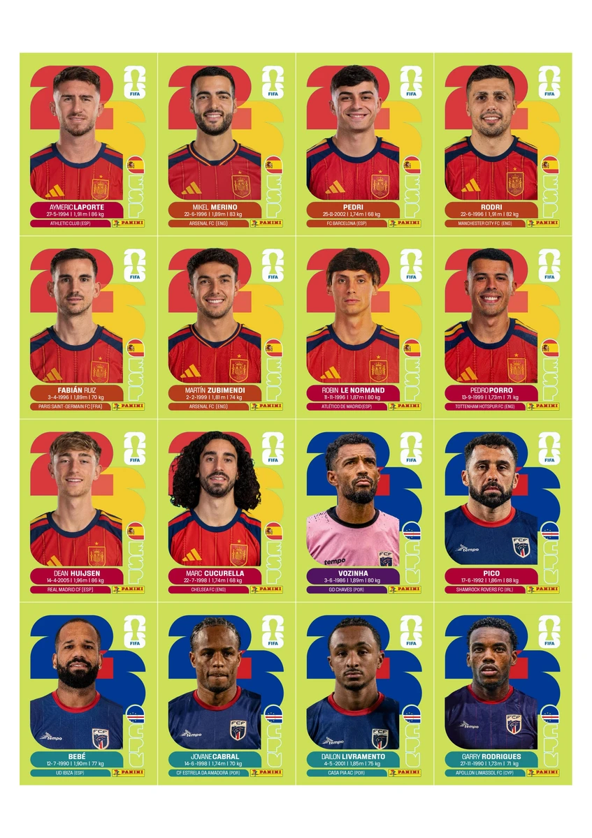 Figurinhas Copa 2026 United Edition - Edição Suiça em PDF 6 Arte digital com 16 cartões de jogadores de futebol em camisas.