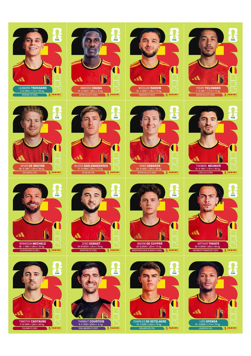 Figurinhas Copa 2026 United Edition - Edição Suiça em PDF 7 Dezesseis cartas digitais de jogadores de futebol com o número 23 e uniformes vermelhos e amarelos.